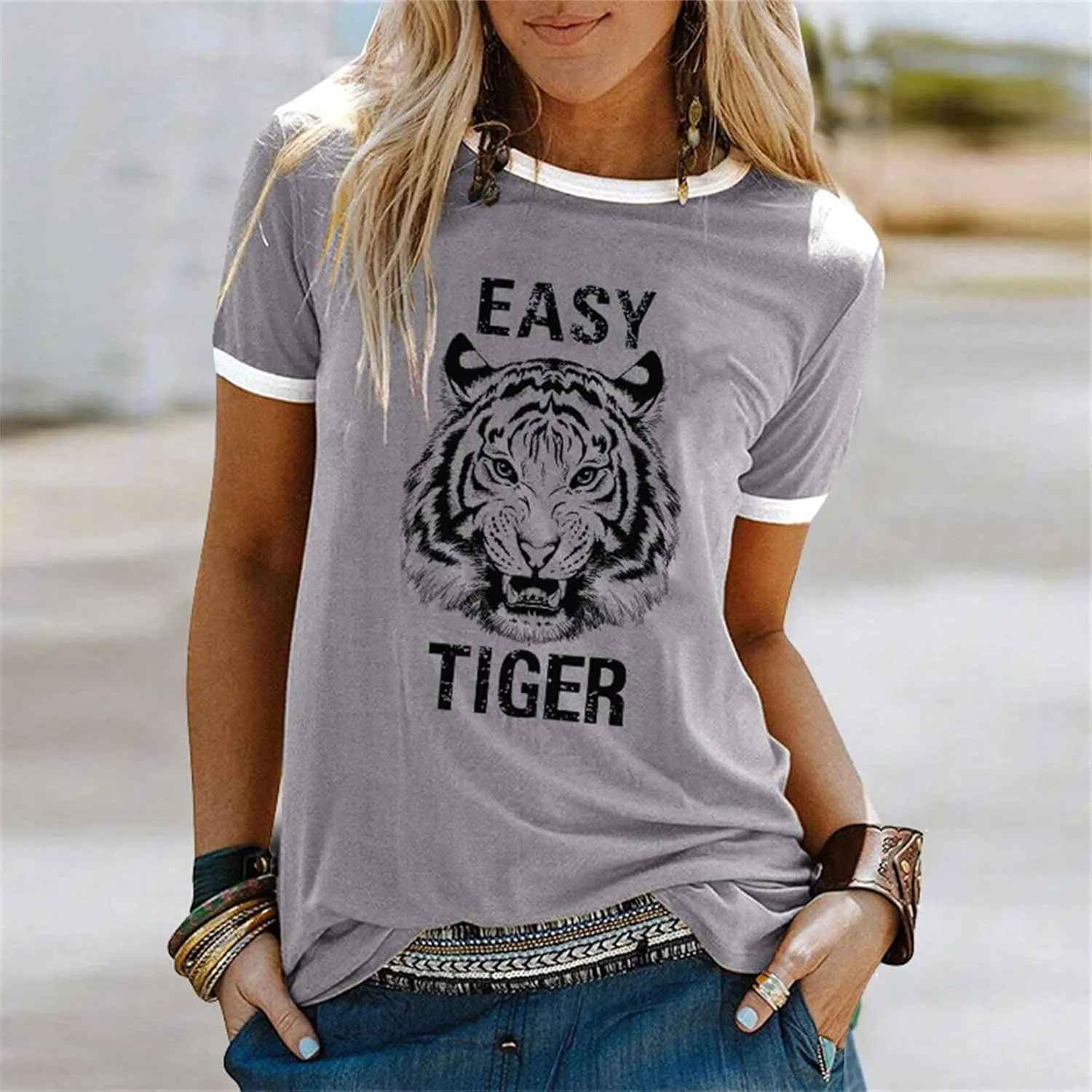 Easy Tiger Womens Shirts Animal Tiger Graphic Tees Tops Patchwork White Short Sleeve Country Music T-Shirt