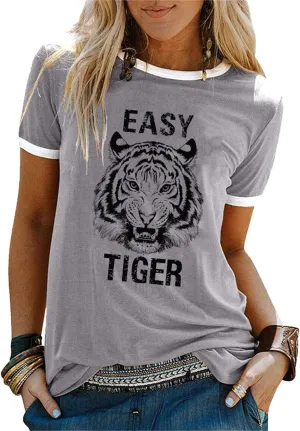 Easy Tiger Womens Shirts Animal Tiger Graphic Tees Tops Patchwork White Short Sleeve Country Music T-Shirt