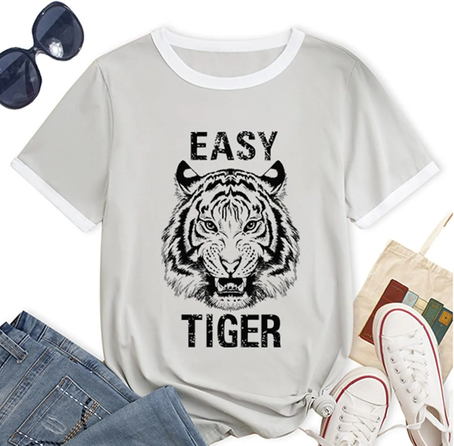 Easy Tiger Womens Shirts Animal Tiger Graphic Tees Tops Patchwork White Short Sleeve Country Music T-Shirt