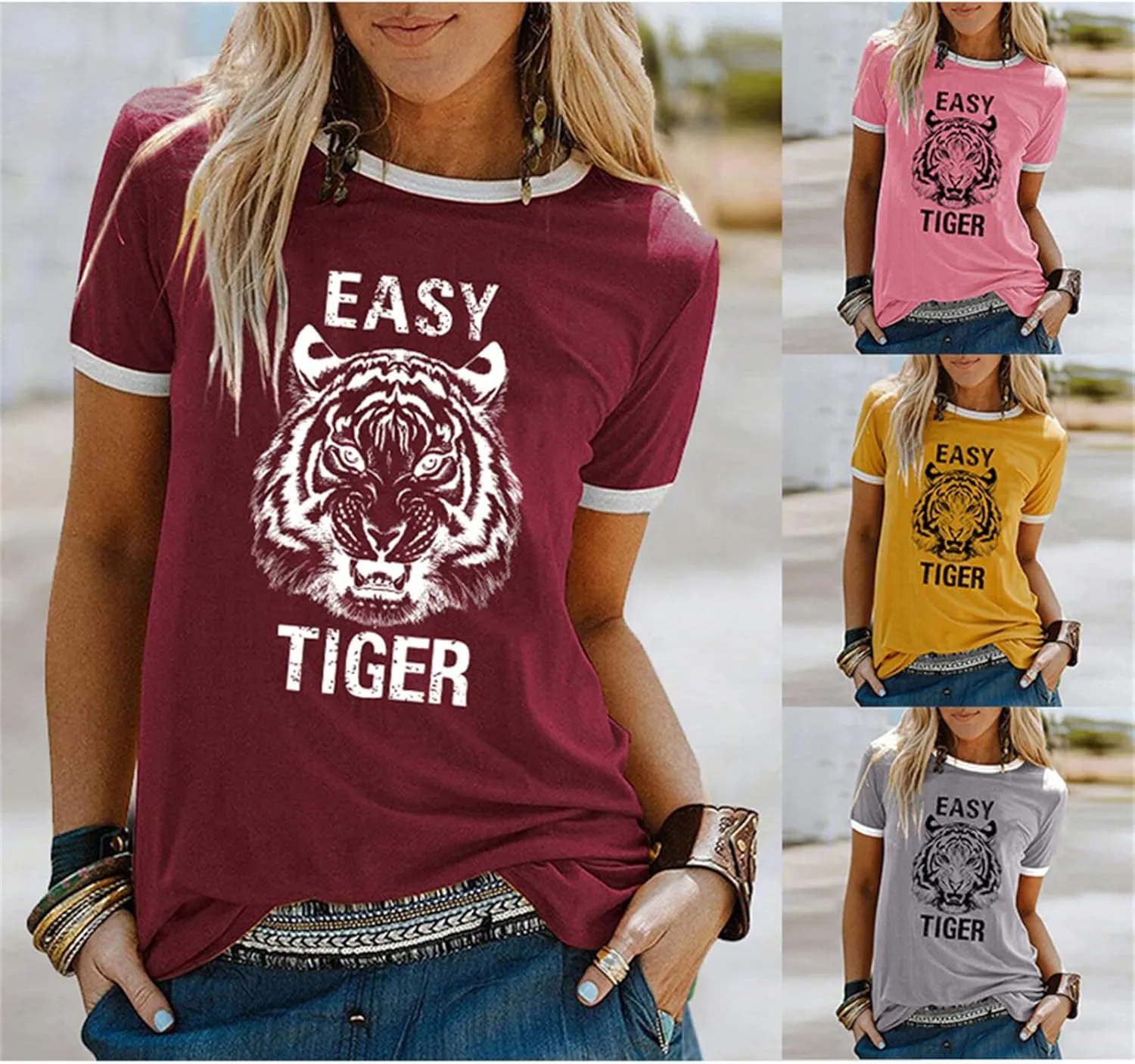 Easy Tiger Womens Shirts Animal Tiger Graphic Tees Tops Patchwork White Short Sleeve Country Music T-Shirt