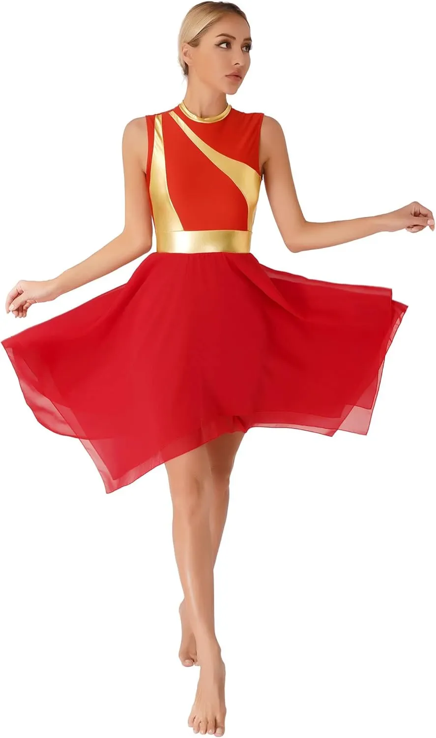 easyforever Womens Lyrical Liturgical Praise Dance Dress Gold Color Block Metallic Irregular Worship Costume