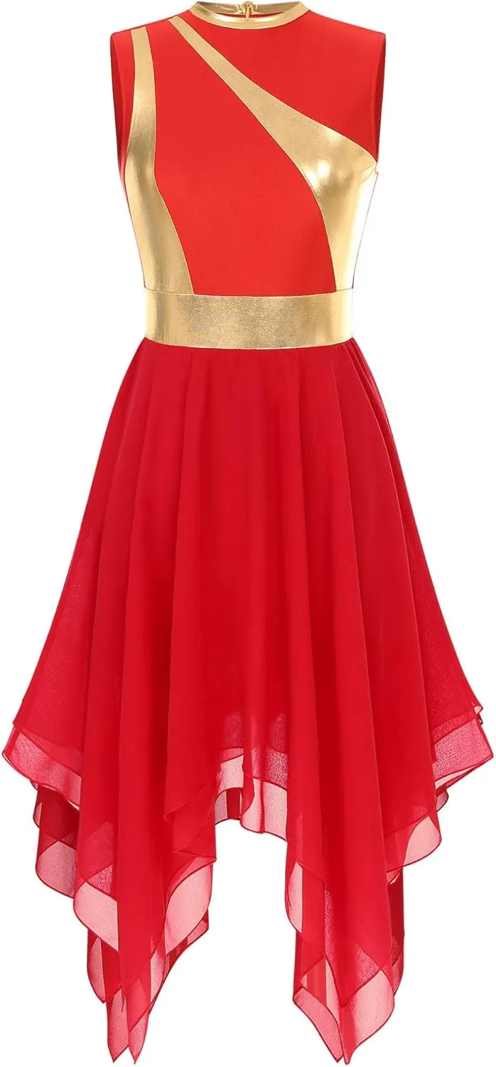 easyforever Womens Lyrical Liturgical Praise Dance Dress Gold Color Block Metallic Irregular Worship Costume