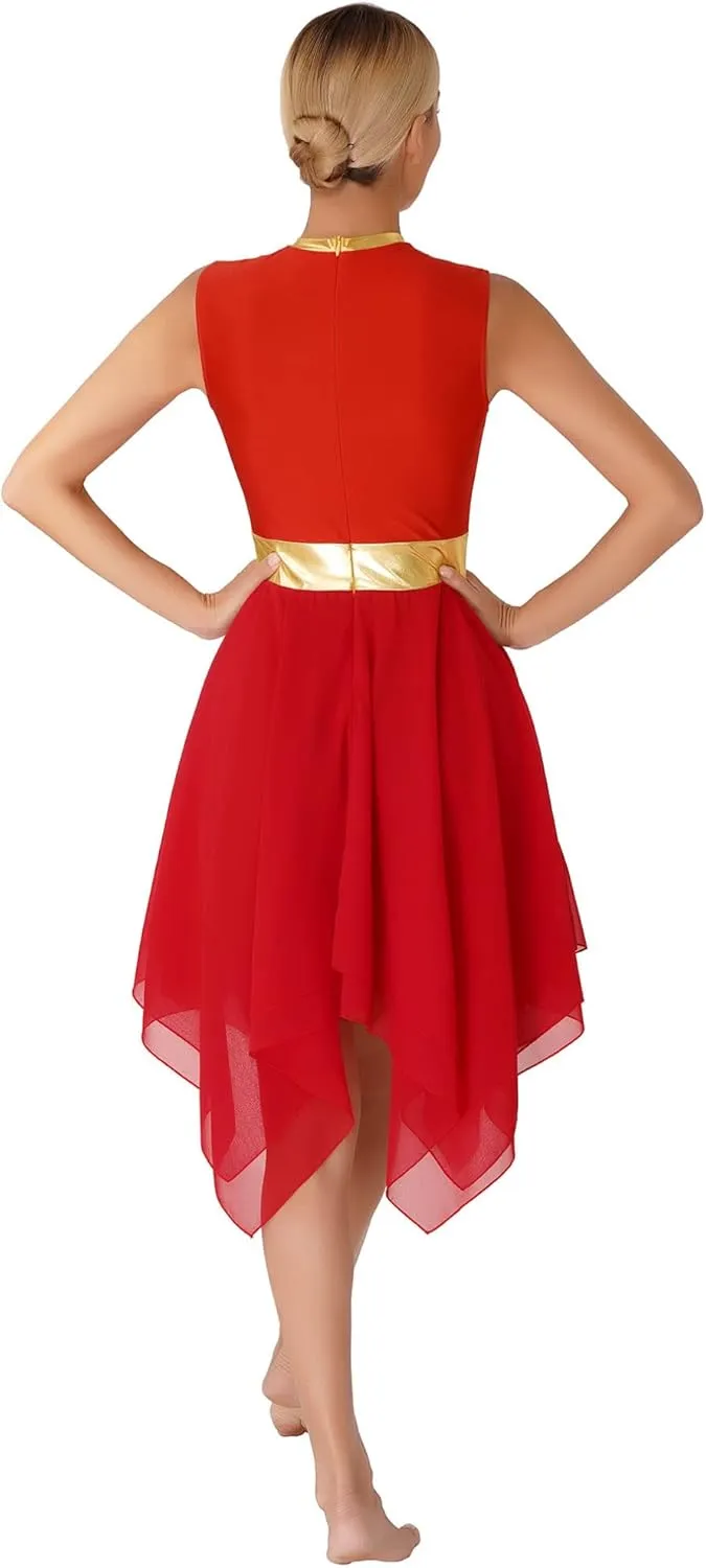 easyforever Womens Lyrical Liturgical Praise Dance Dress Gold Color Block Metallic Irregular Worship Costume