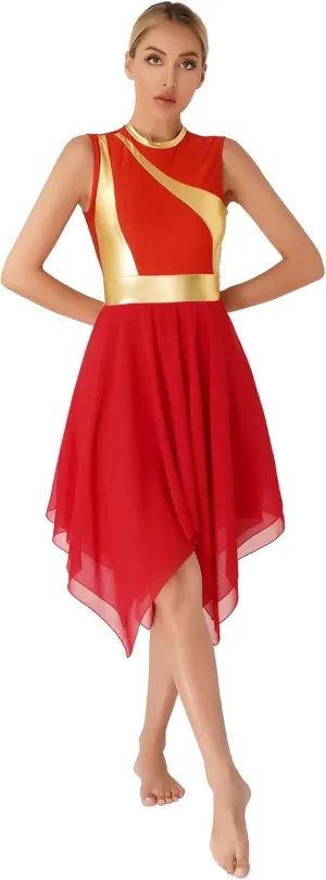 easyforever Womens Lyrical Liturgical Praise Dance Dress Gold Color Block Metallic Irregular Worship Costume