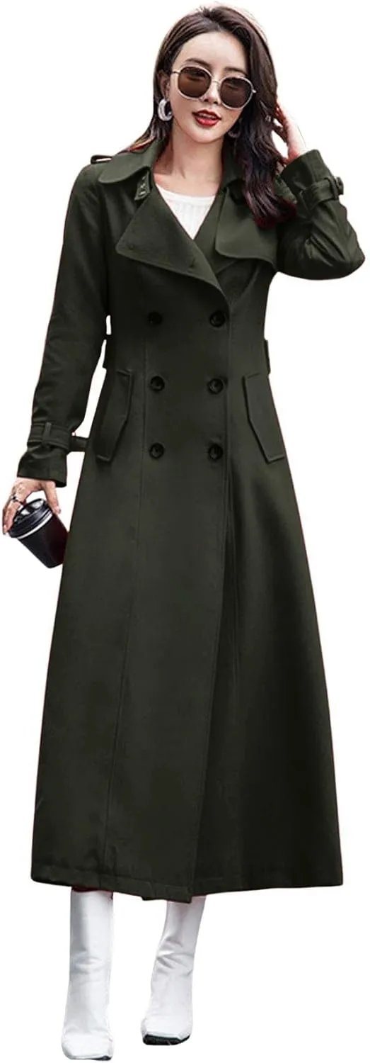 ebossy Women's Double Breasted Duster Trench Coat Slim Full Length Maxi Long Overcoat