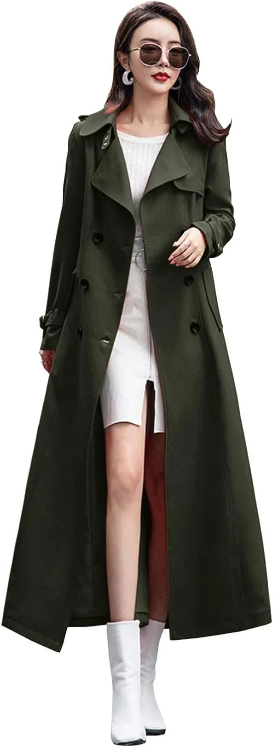 ebossy Women's Double Breasted Duster Trench Coat Slim Full Length Maxi Long Overcoat