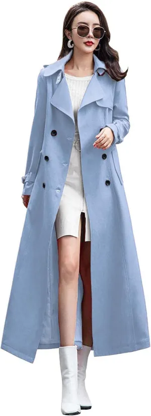 ebossy Women's Double Breasted Duster Trench Coat Slim Full Length Maxi Long Overcoat