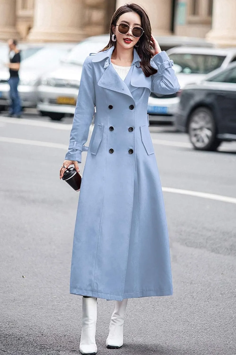 ebossy Women's Double Breasted Duster Trench Coat Slim Full Length Maxi Long Overcoat