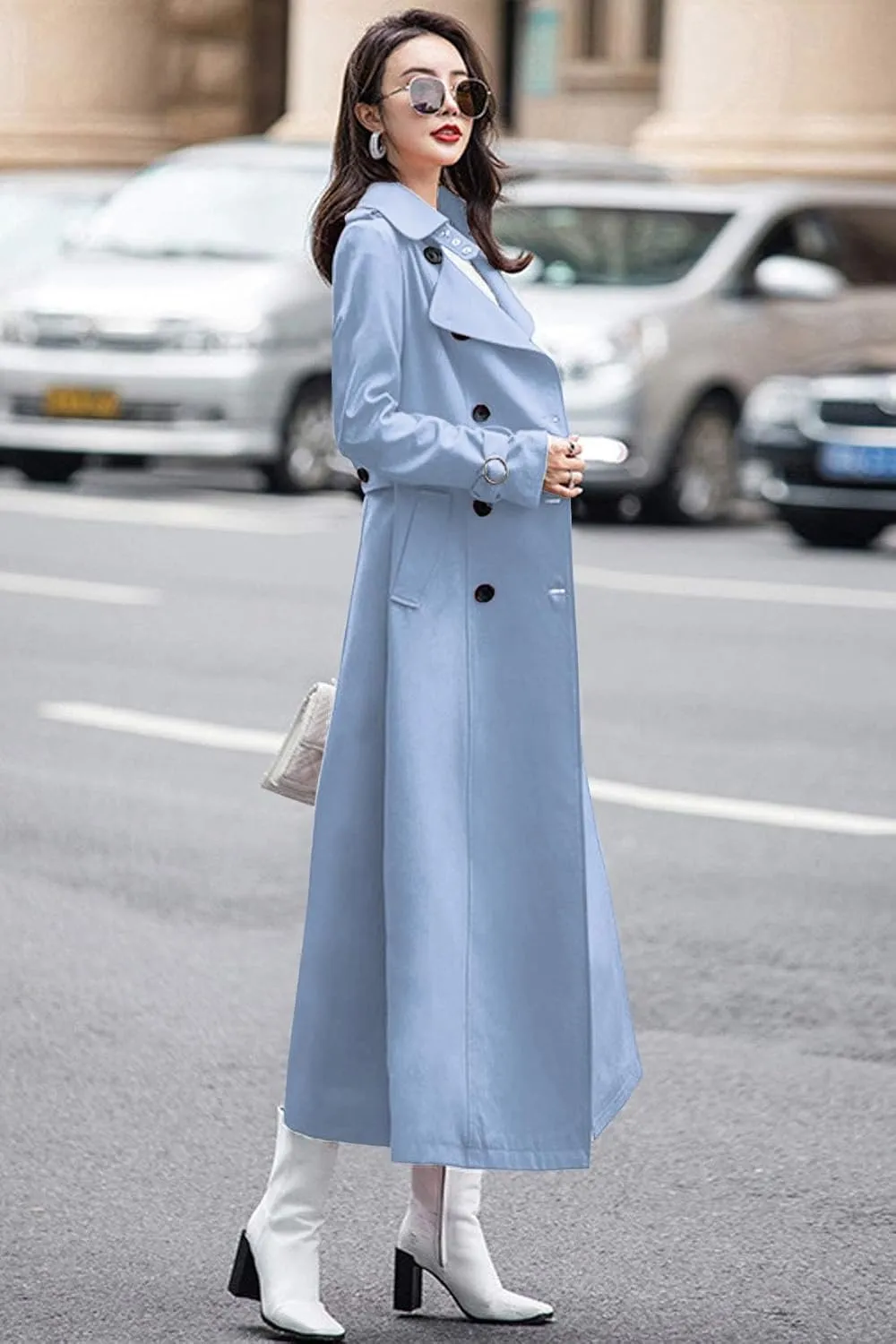 ebossy Women's Double Breasted Duster Trench Coat Slim Full Length Maxi Long Overcoat
