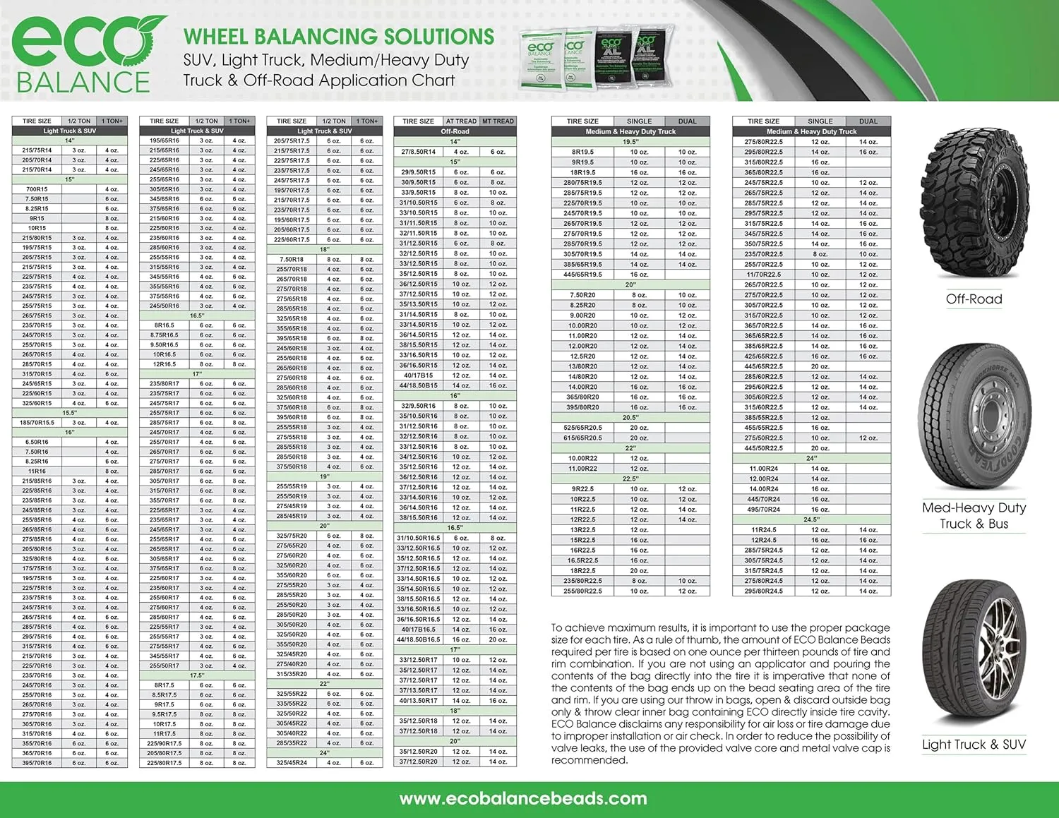 ECO Balance 04-ECOXL4 ECO XL Extreme Condition Tire/Wheel Balancing Beads - Off-Road Vehicles, Light Duty Truck Tires, (4) 4oz Balance Bead Bags, (4) Valve Caps