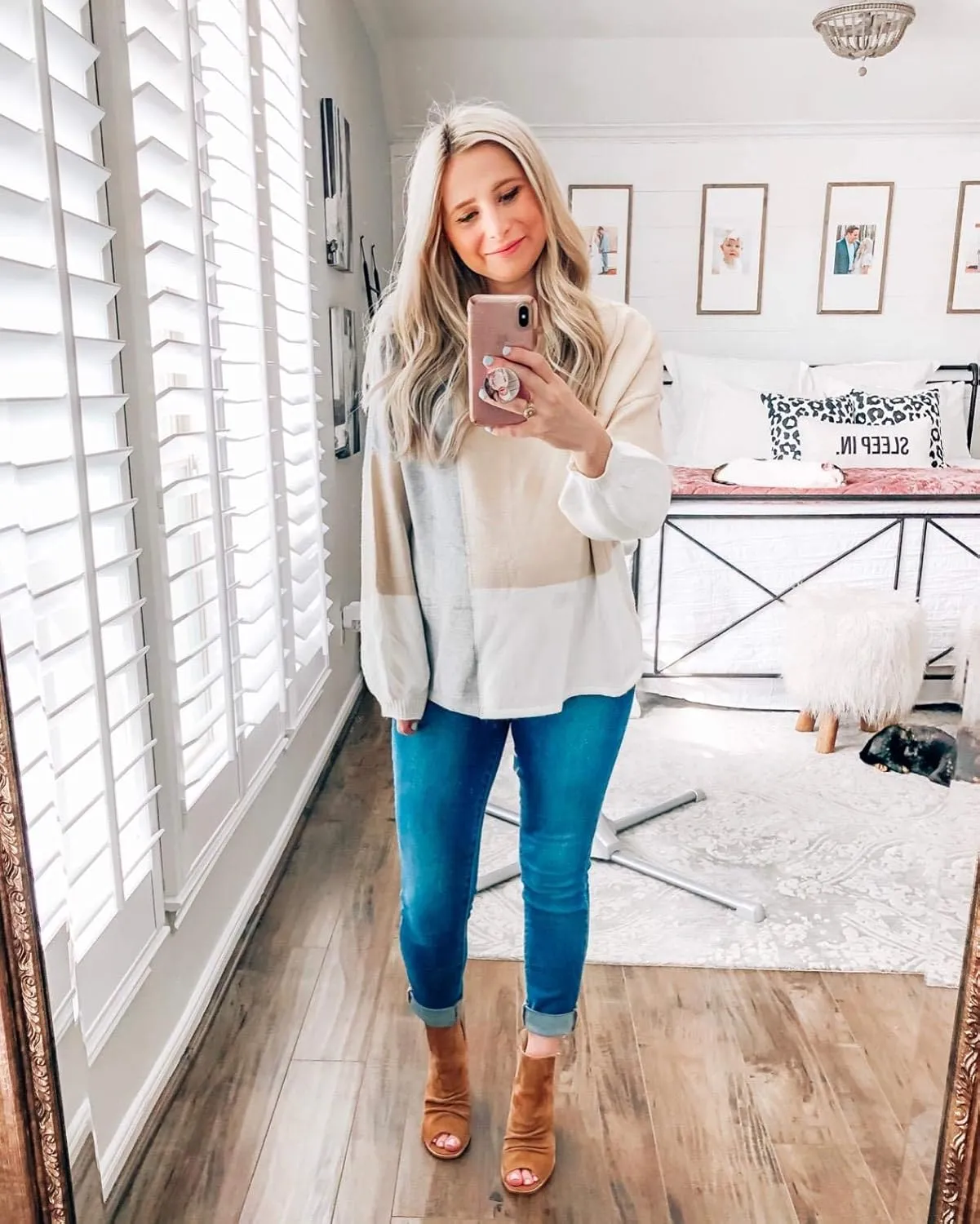 ECOWISH Women Sweater Long Sleeve Color Block Knit Pullover Sweaters Crew Neck Patchwork Casual Loose Jumper Tops