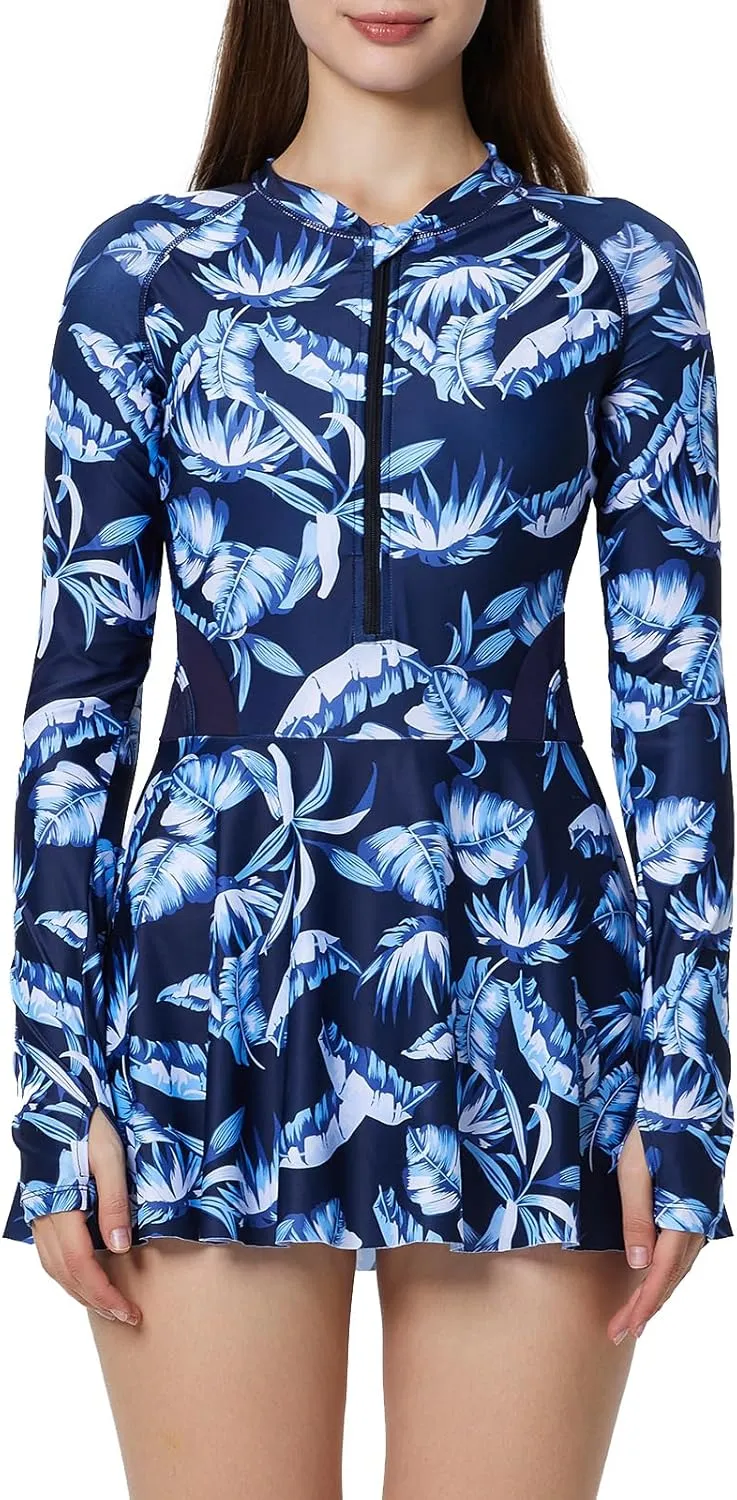 ECUPPER Women Long Sleeve Swim Dress Rash Guard Zip Front One Piece Swimsuits Modest Surfing Skirt Bathing Suit with Shorts