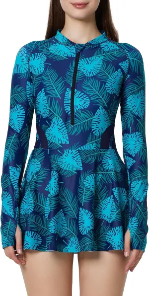 ECUPPER Women Long Sleeve Swim Dress Rash Guard Zip Front One Piece Swimsuits Modest Surfing Skirt Bathing Suit with Shorts