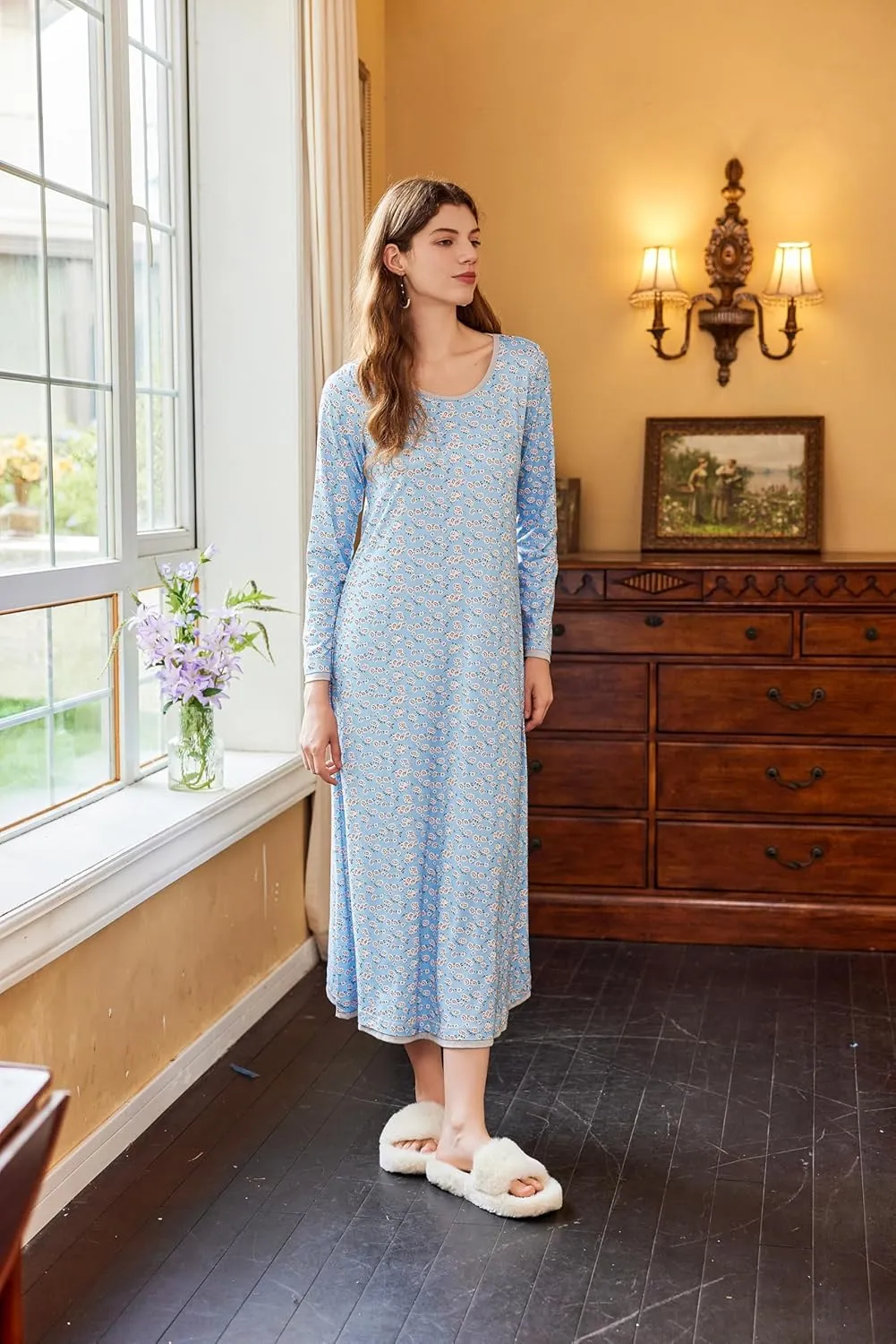 Ekouaer Nightgown Women Long Sleeve Sleepwear Full Length Long Nightshirt Soft Loungewear S-4XL