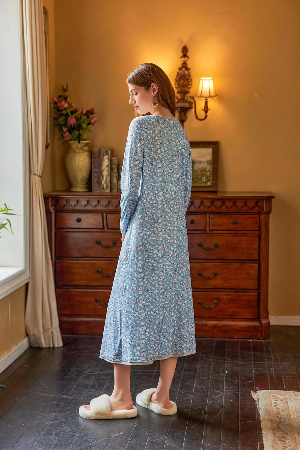 Ekouaer Nightgown Women Long Sleeve Sleepwear Full Length Long Nightshirt Soft Loungewear S-4XL
