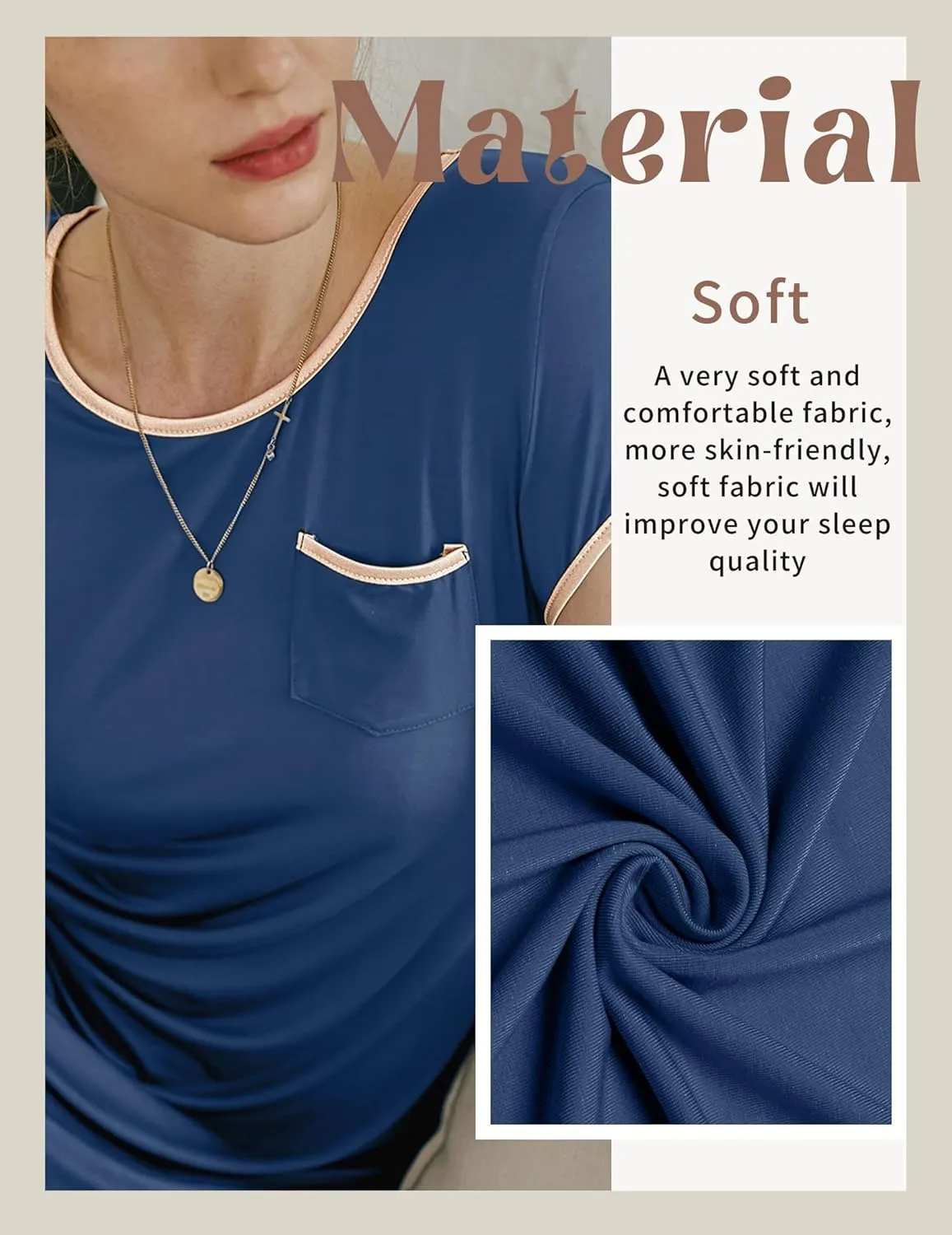 Ekouaer Womens Nightgown Sleep Shirt Dress Satin Patchwork Short Sleeve Sleepwear with Pocket