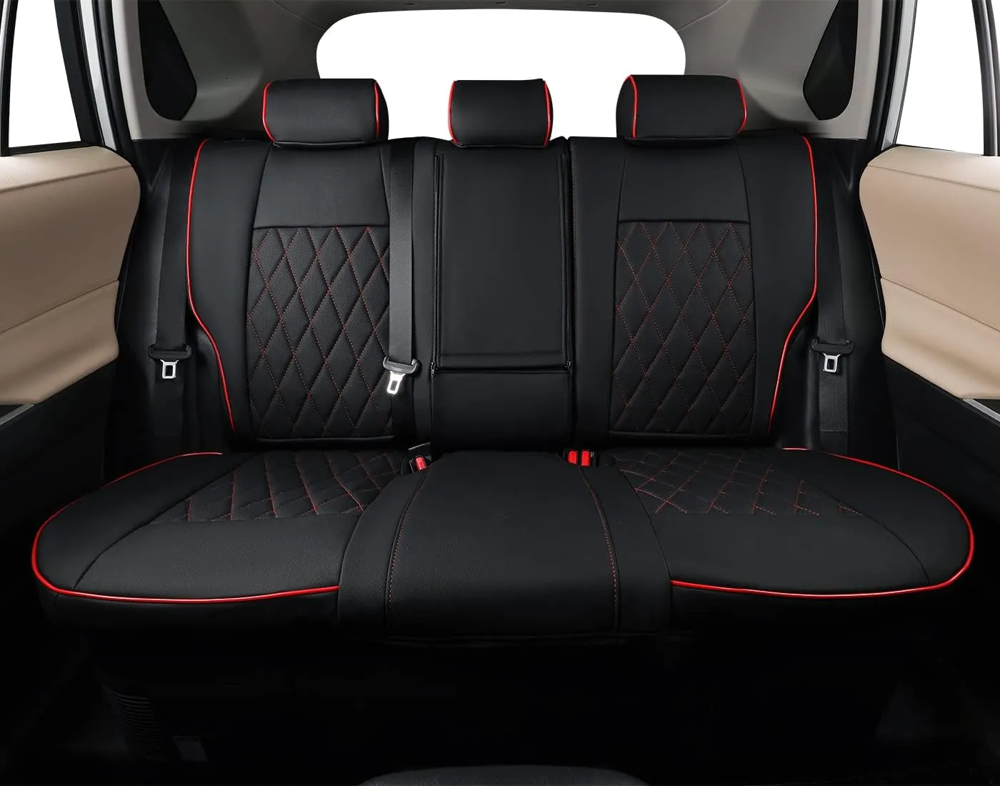 EKR Custom Fit Challenger Car Seat Covers for Select Dodge Challenger SRT,RT,GT,SXT,T/A 2015 2016 2017 2018 2019 2020 2021 2022 2023 -Full Set -Leather (Black with Red Piping)