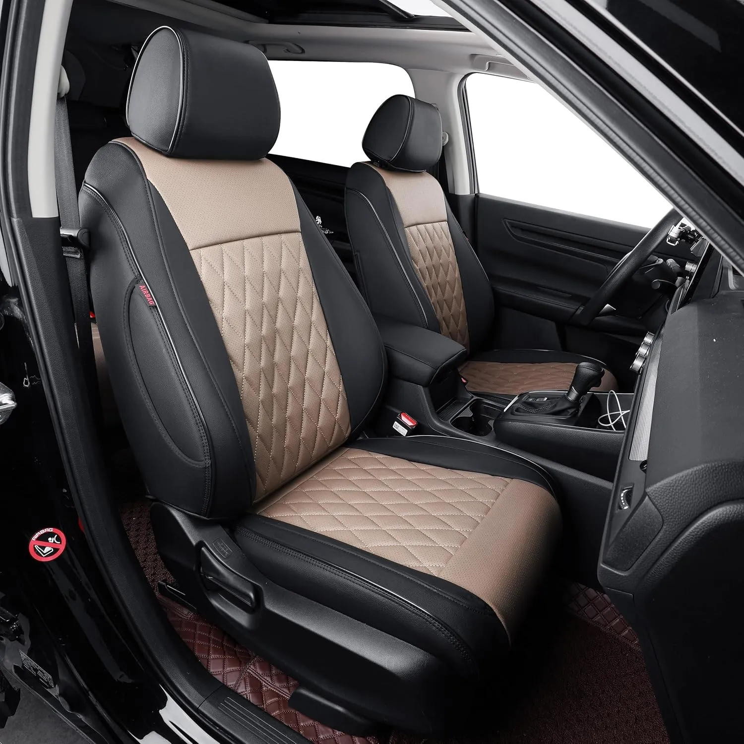 EKR Custom Fit CRV Seat Covers for Select Honda CRV 2017 2018 2019 2020 2021 2022 - Full Set, Leather (Black/Tan)