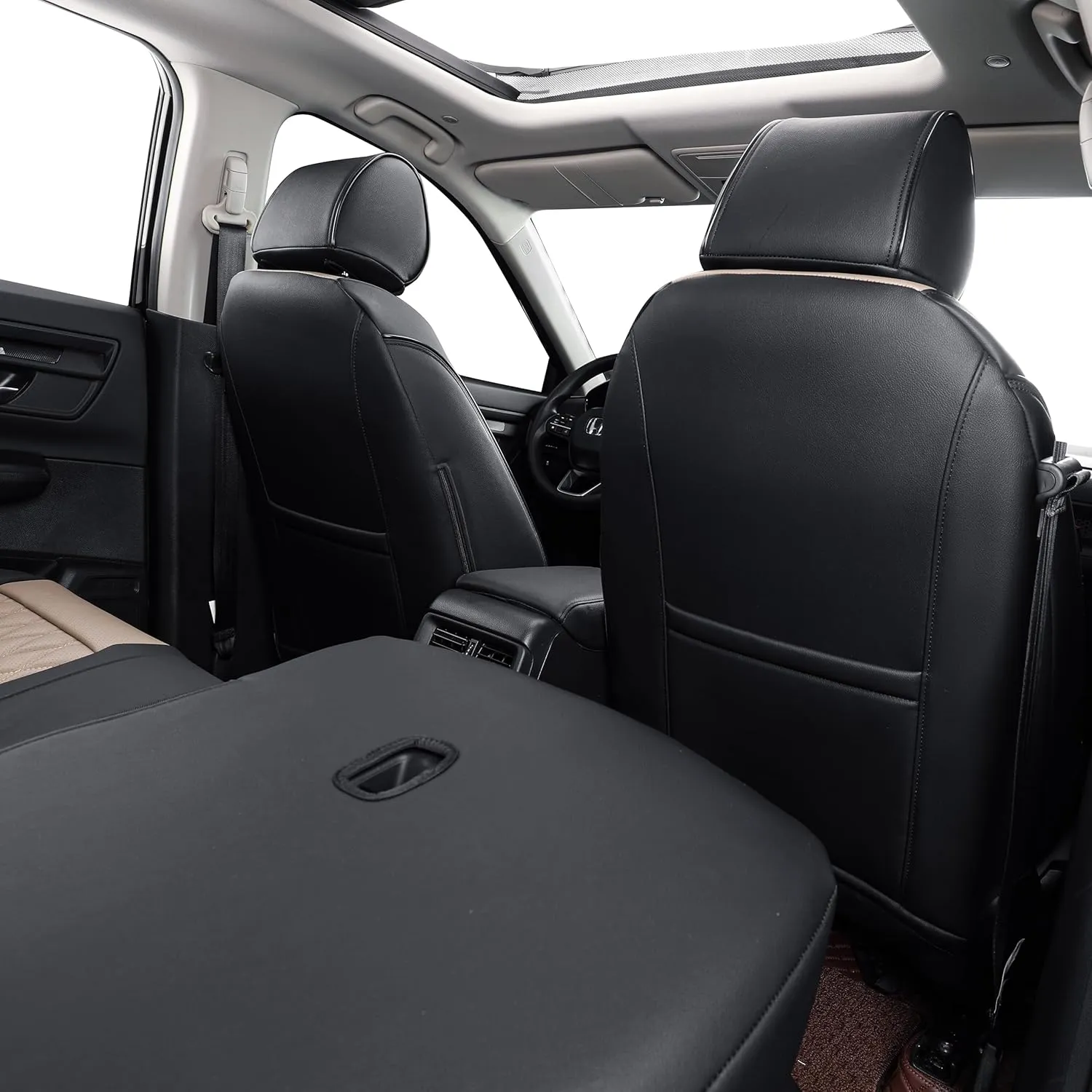 EKR Custom Fit CRV Seat Covers for Select Honda CRV 2017 2018 2019 2020 2021 2022 - Full Set, Leather (Black/Tan)