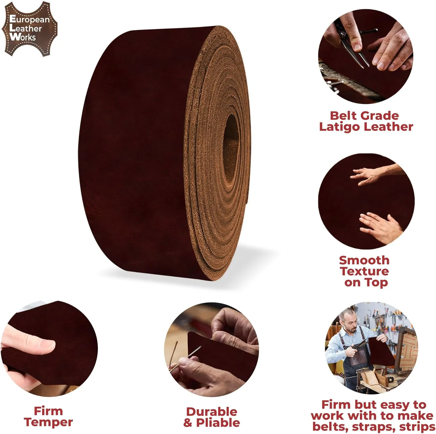 ELW 9-10 oz (3.6-4mm) Latigo Leather Belt Grade Straps & Strips | Size: 1.5"x84" (3.8x213cm) | Cognac | Full Grain Cowhide, Heavy Duty Holsters, Sheathes, Harness, Saddle, Guitar Straps, DIY Crafts