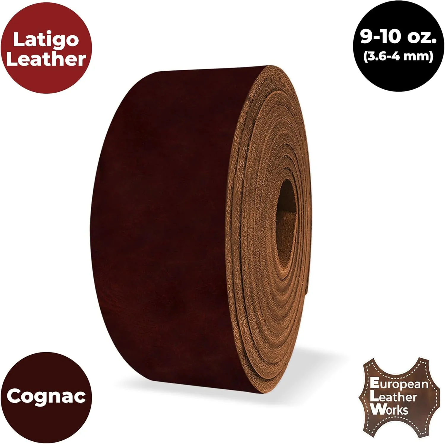 ELW 9-10 oz (3.6-4mm) Latigo Leather Belt Grade Straps & Strips | Size: 1.5"x84" (3.8x213cm) | Cognac | Full Grain Cowhide, Heavy Duty Holsters, Sheathes, Harness, Saddle, Guitar Straps, DIY Crafts