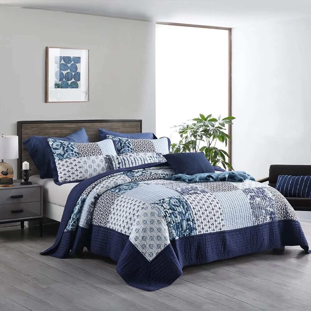 ENASAL Cotton Bedspread Quilt Sets Reversible Bedding Coverlet Sets Luxury Blue White Floral Real Patchwork Bedspread, Queen Size