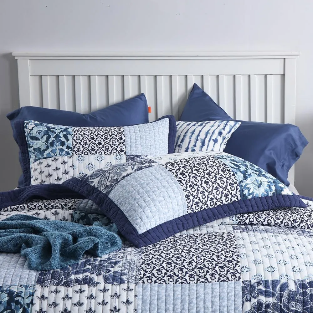 ENASAL Cotton Bedspread Quilt Sets Reversible Bedding Coverlet Sets Luxury Blue White Floral Real Patchwork Bedspread, Queen Size