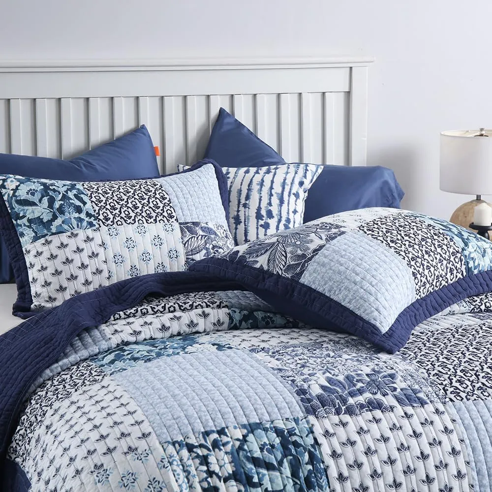 ENASAL Cotton Bedspread Quilt Sets Reversible Bedding Coverlet Sets Luxury Blue White Floral Real Patchwork Bedspread, Queen Size