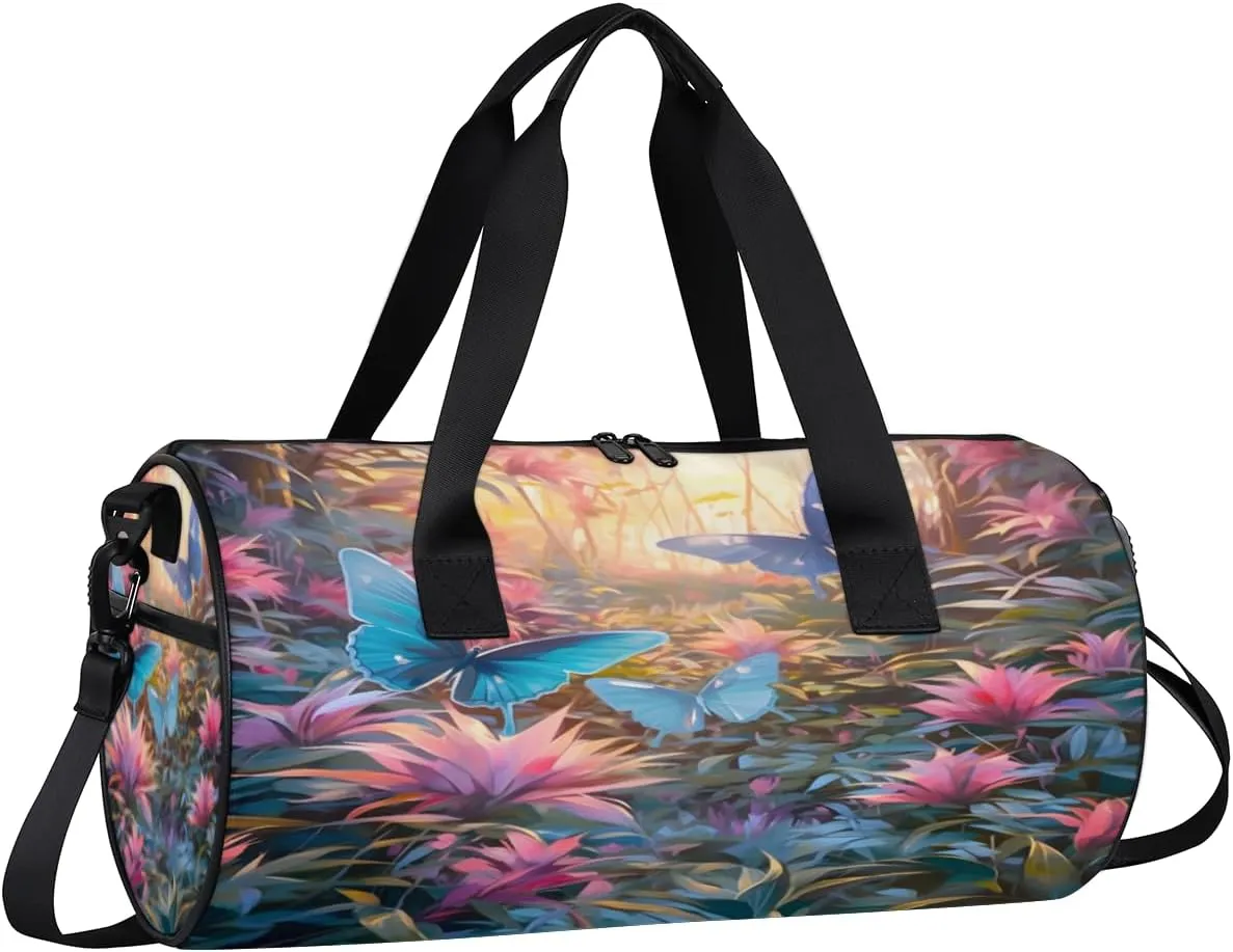 Enchanted Butterfly Grove Sports Duffel Bag with Shoulder Strap, Large Capacity Gym Bag with Shoe Compartment, Water Resistant Travel Duffle Bag for Men Women Travel, Sports (17.6x9x9 Inch)