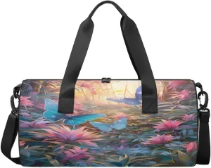 Enchanted Butterfly Grove Sports Duffel Bag with Shoulder Strap, Large Capacity Gym Bag with Shoe Compartment, Water Resistant Travel Duffle Bag for Men Women Travel, Sports (17.6x9x9 Inch)