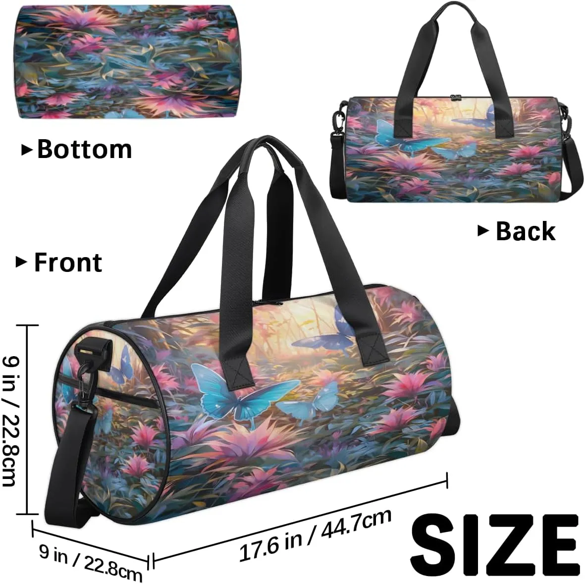 Enchanted Butterfly Grove Sports Duffel Bag with Shoulder Strap, Large Capacity Gym Bag with Shoe Compartment, Water Resistant Travel Duffle Bag for Men Women Travel, Sports (17.6x9x9 Inch)