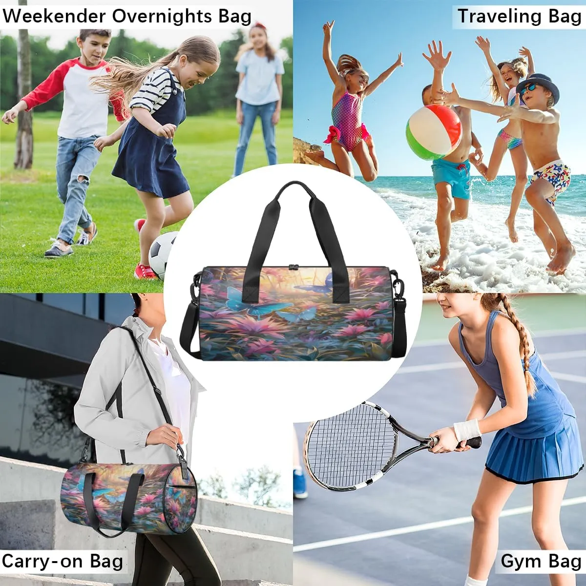 Enchanted Butterfly Grove Sports Duffel Bag with Shoulder Strap, Large Capacity Gym Bag with Shoe Compartment, Water Resistant Travel Duffle Bag for Men Women Travel, Sports (17.6x9x9 Inch)