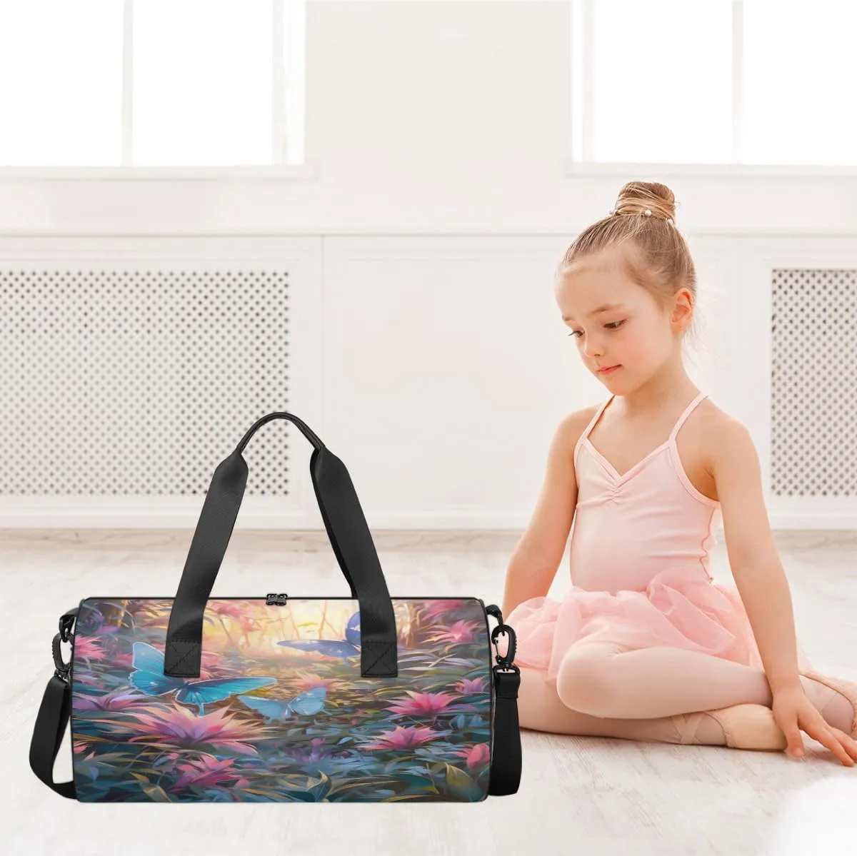 Enchanted Butterfly Grove Sports Duffel Bag with Shoulder Strap, Large Capacity Gym Bag with Shoe Compartment, Water Resistant Travel Duffle Bag for Men Women Travel, Sports (17.6x9x9 Inch)