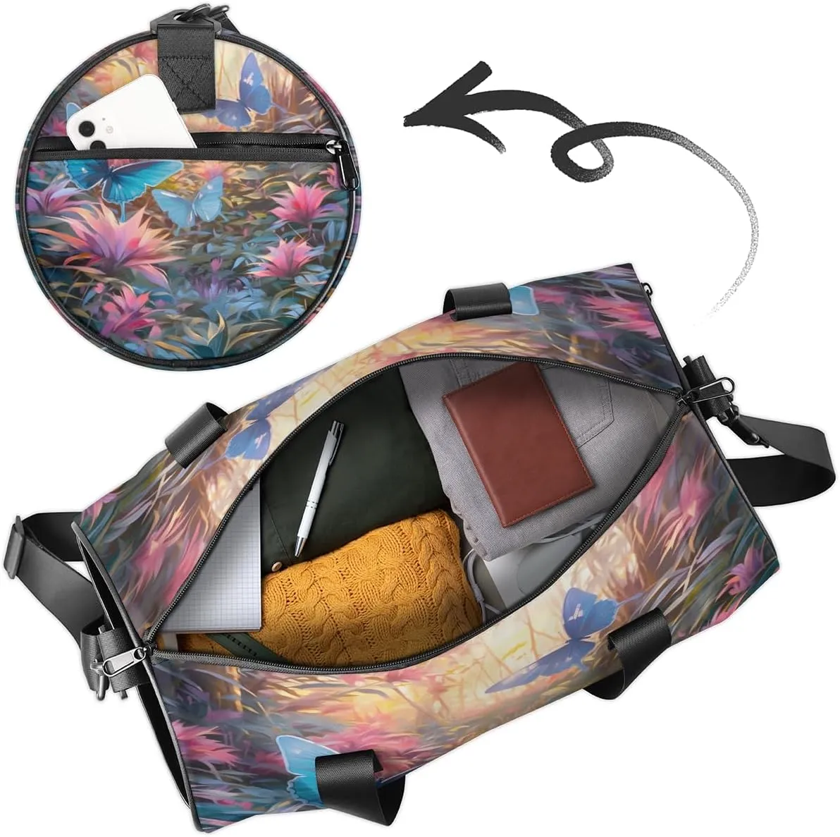 Enchanted Butterfly Grove Sports Duffel Bag with Shoulder Strap, Large Capacity Gym Bag with Shoe Compartment, Water Resistant Travel Duffle Bag for Men Women Travel, Sports (17.6x9x9 Inch)