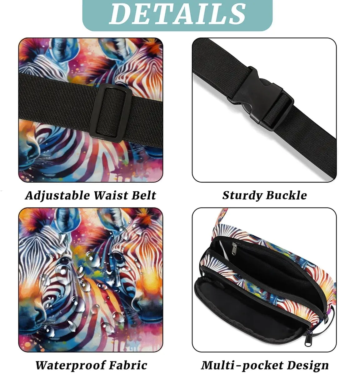Energetic Zebra Men's and Women's Waist Pack Crossbody Animal Zebra Waist Pack Running Strap, Adjustable Shoulder Strap - For Hiking and Running Exercise Fitness