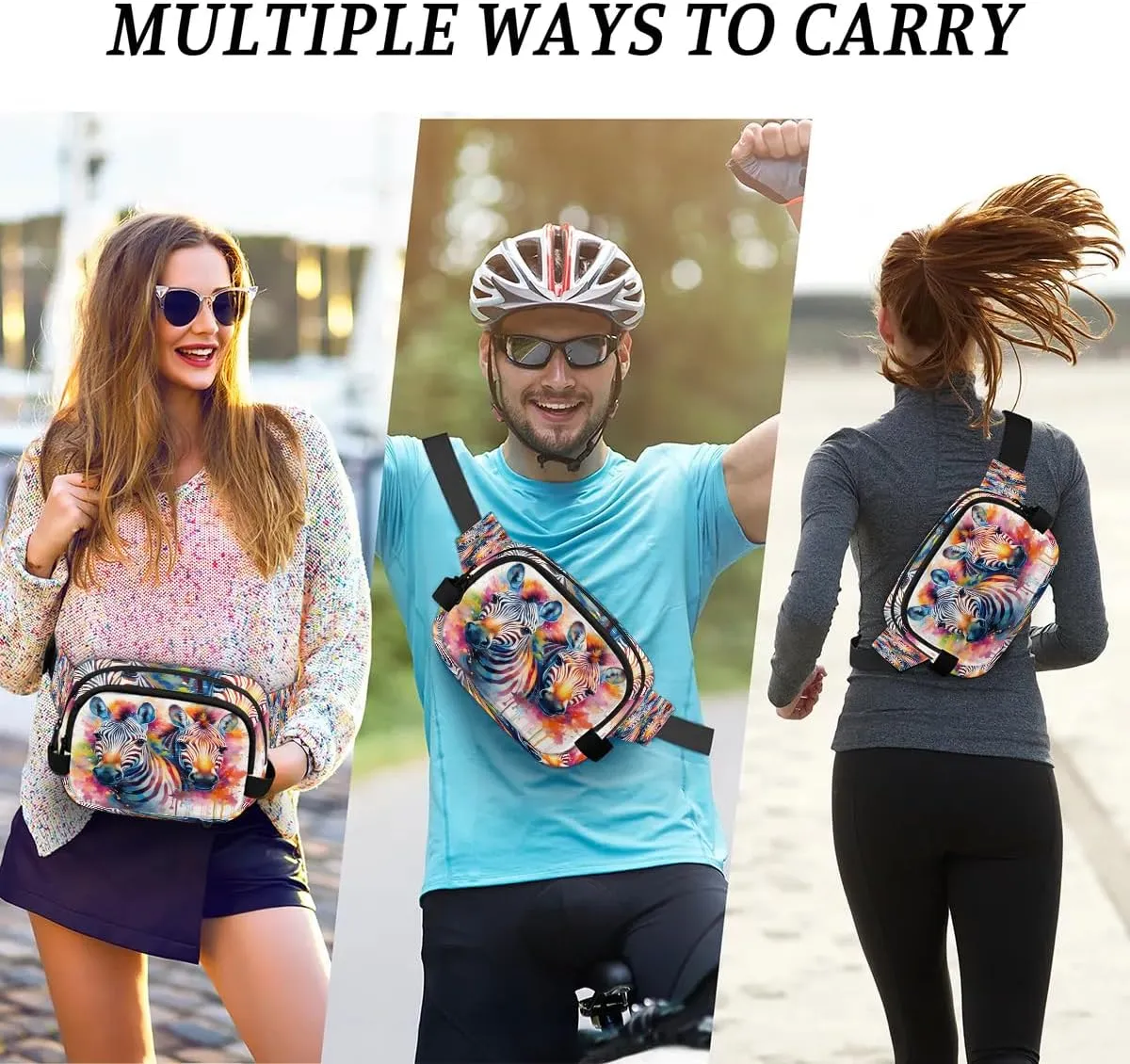 Energetic Zebra Men's and Women's Waist Pack Crossbody Animal Zebra Waist Pack Running Strap, Adjustable Shoulder Strap - For Hiking and Running Exercise Fitness