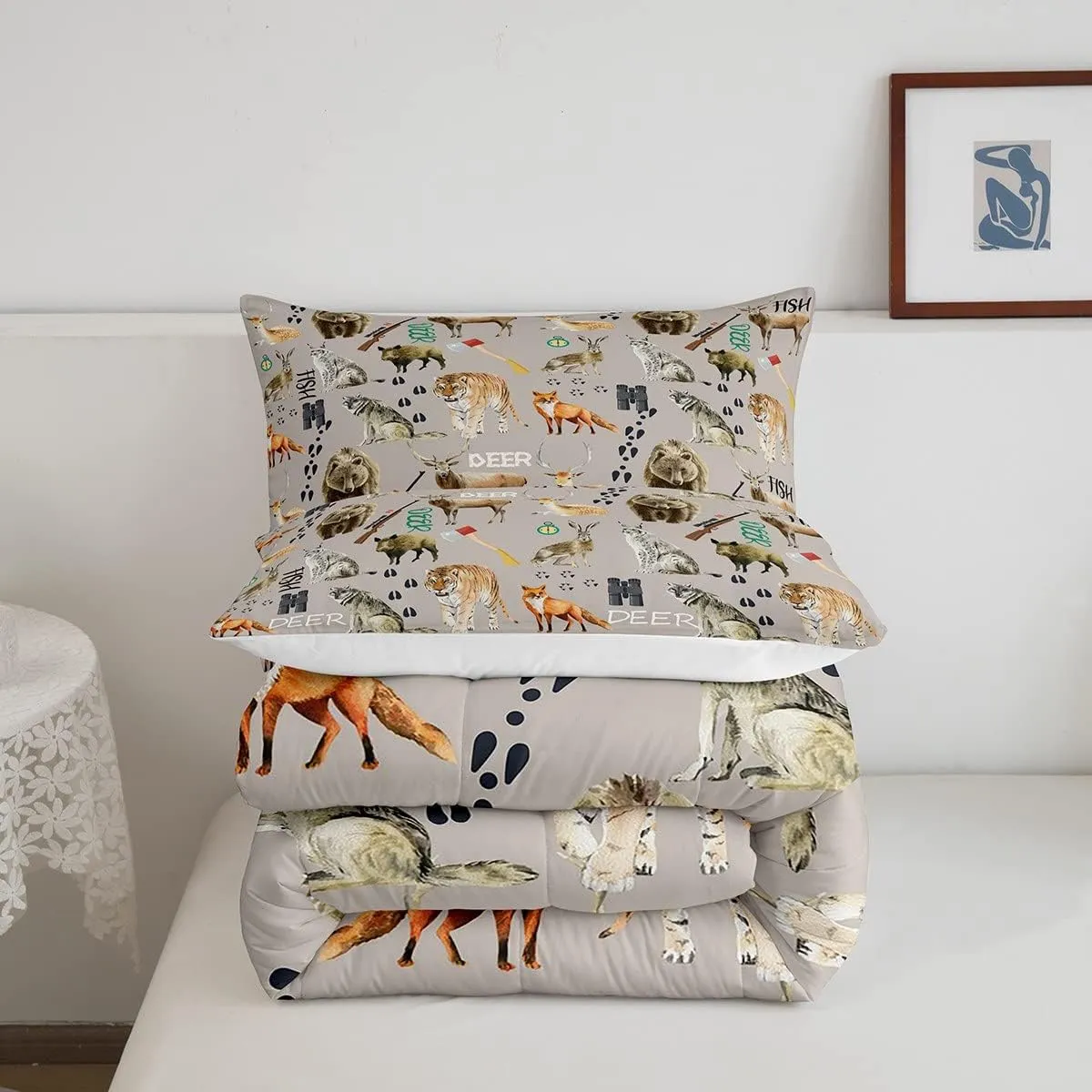Erosebridal Christmas Hunting Bear Comforter Set for Boys, Deer Tiger Wolf Bedding Set Twin Size Wildlife Fox Farmhouse Quilt for Kids Girls Teens Adult, Farm Animal Rustic Decor, 1 Pillow Case, Grey