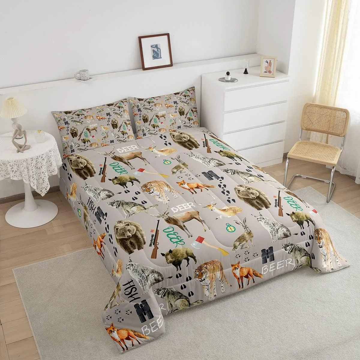 Erosebridal Christmas Hunting Bear Comforter Set for Boys, Deer Tiger Wolf Bedding Set Twin Size Wildlife Fox Farmhouse Quilt for Kids Girls Teens Adult, Farm Animal Rustic Decor, 1 Pillow Case, Grey
