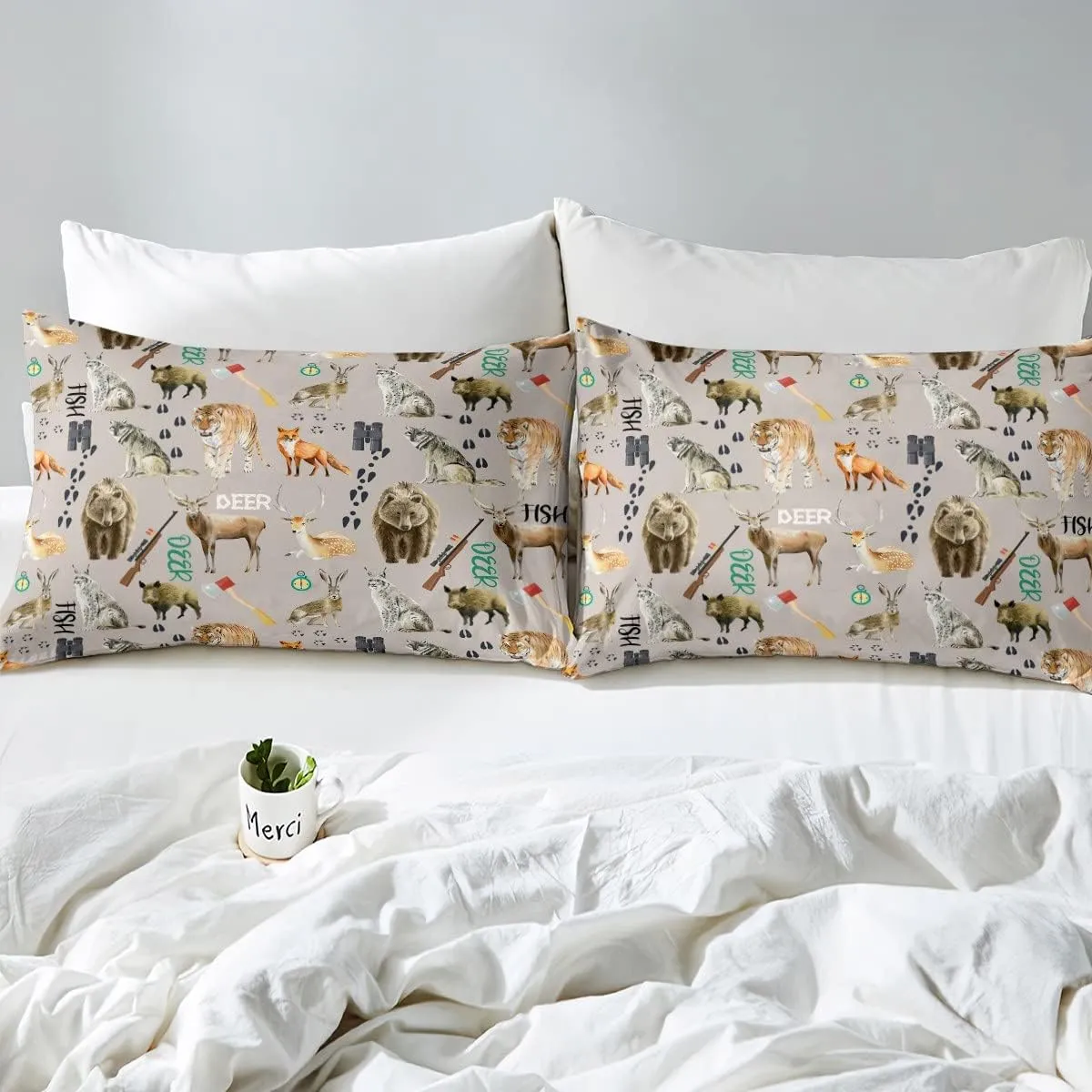 Erosebridal Christmas Hunting Bear Comforter Set for Boys, Deer Tiger Wolf Bedding Set Twin Size Wildlife Fox Farmhouse Quilt for Kids Girls Teens Adult, Farm Animal Rustic Decor, 1 Pillow Case, Grey
