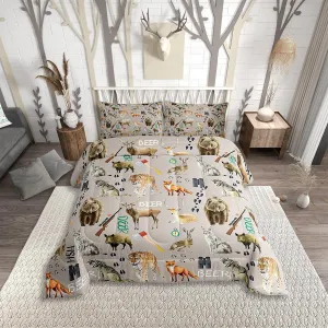 Erosebridal Christmas Hunting Bear Comforter Set for Boys, Deer Tiger Wolf Bedding Set Twin Size Wildlife Fox Farmhouse Quilt for Kids Girls Teens Adult, Farm Animal Rustic Decor, 1 Pillow Case, Grey