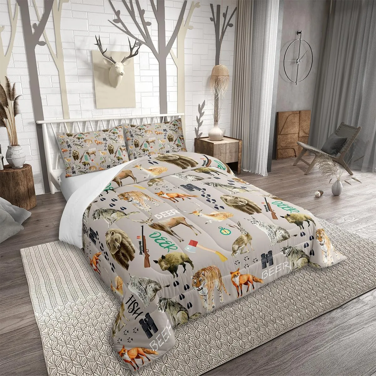 Erosebridal Christmas Hunting Bear Comforter Set for Boys, Deer Tiger Wolf Bedding Set Twin Size Wildlife Fox Farmhouse Quilt for Kids Girls Teens Adult, Farm Animal Rustic Decor, 1 Pillow Case, Grey