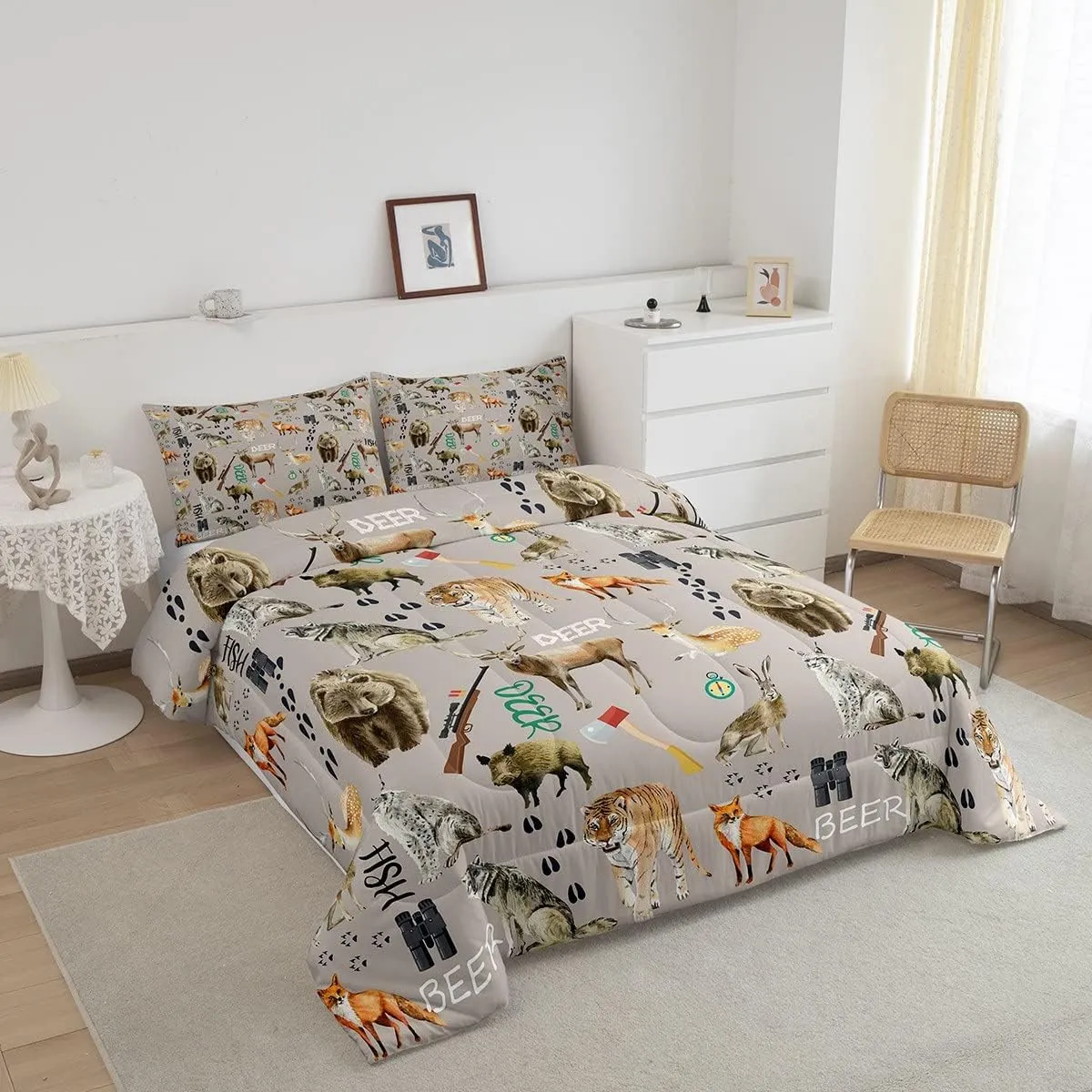 Erosebridal Christmas Hunting Bear Comforter Set for Boys, Deer Tiger Wolf Bedding Set Twin Size Wildlife Fox Farmhouse Quilt for Kids Girls Teens Adult, Farm Animal Rustic Decor, 1 Pillow Case, Grey