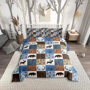 Erosebridal Rustic Deer Comforter Set Twin Size, Bear Patchwork Bedding Set for Kids Teens Adult, Woodland Wildlife Moose Duvet Insert Checkered Plaid Quilt Farmhouse Christmas Decor, Blue Brown