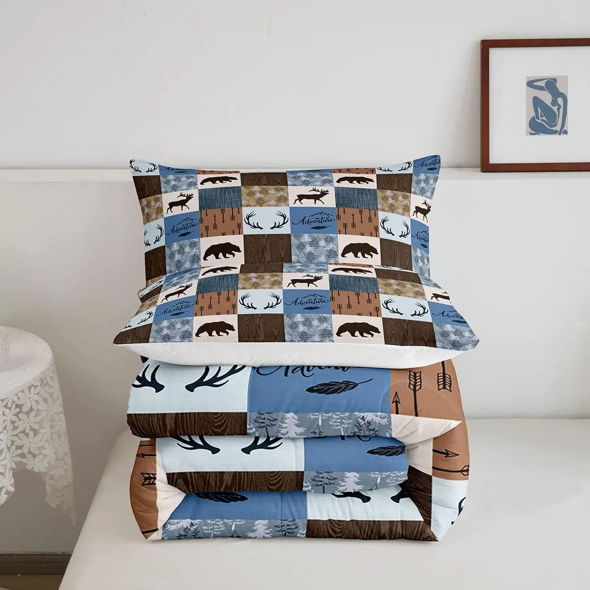 Erosebridal Rustic Deer Comforter Set Twin Size, Bear Patchwork Bedding Set for Kids Teens Adult, Woodland Wildlife Moose Duvet Insert Checkered Plaid Quilt Farmhouse Christmas Decor, Blue Brown