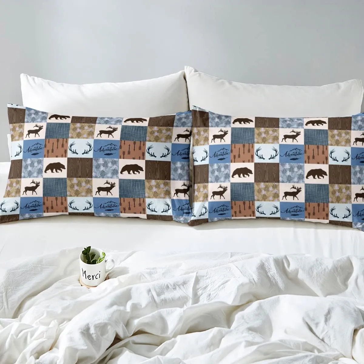 Erosebridal Rustic Deer Comforter Set Twin Size, Bear Patchwork Bedding Set for Kids Teens Adult, Woodland Wildlife Moose Duvet Insert Checkered Plaid Quilt Farmhouse Christmas Decor, Blue Brown