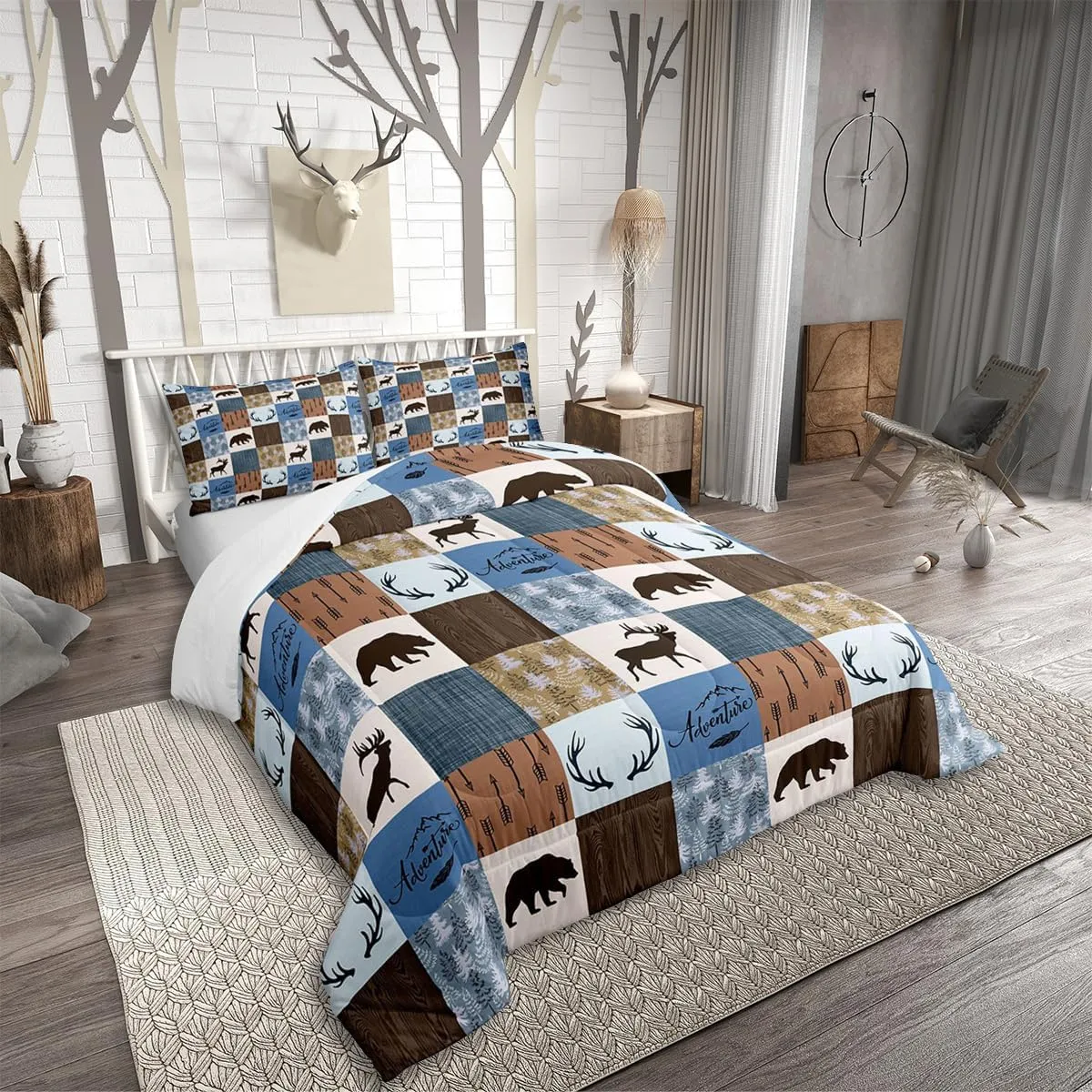 Erosebridal Rustic Deer Comforter Set Twin Size, Bear Patchwork Bedding Set for Kids Teens Adult, Woodland Wildlife Moose Duvet Insert Checkered Plaid Quilt Farmhouse Christmas Decor, Blue Brown