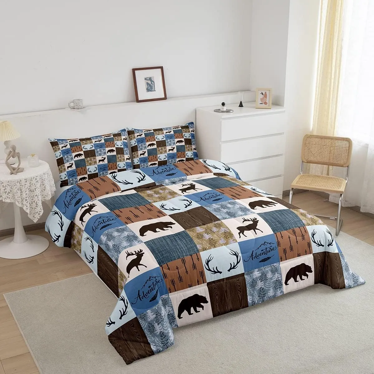Erosebridal Rustic Deer Comforter Set Twin Size, Bear Patchwork Bedding Set for Kids Teens Adult, Woodland Wildlife Moose Duvet Insert Checkered Plaid Quilt Farmhouse Christmas Decor, Blue Brown
