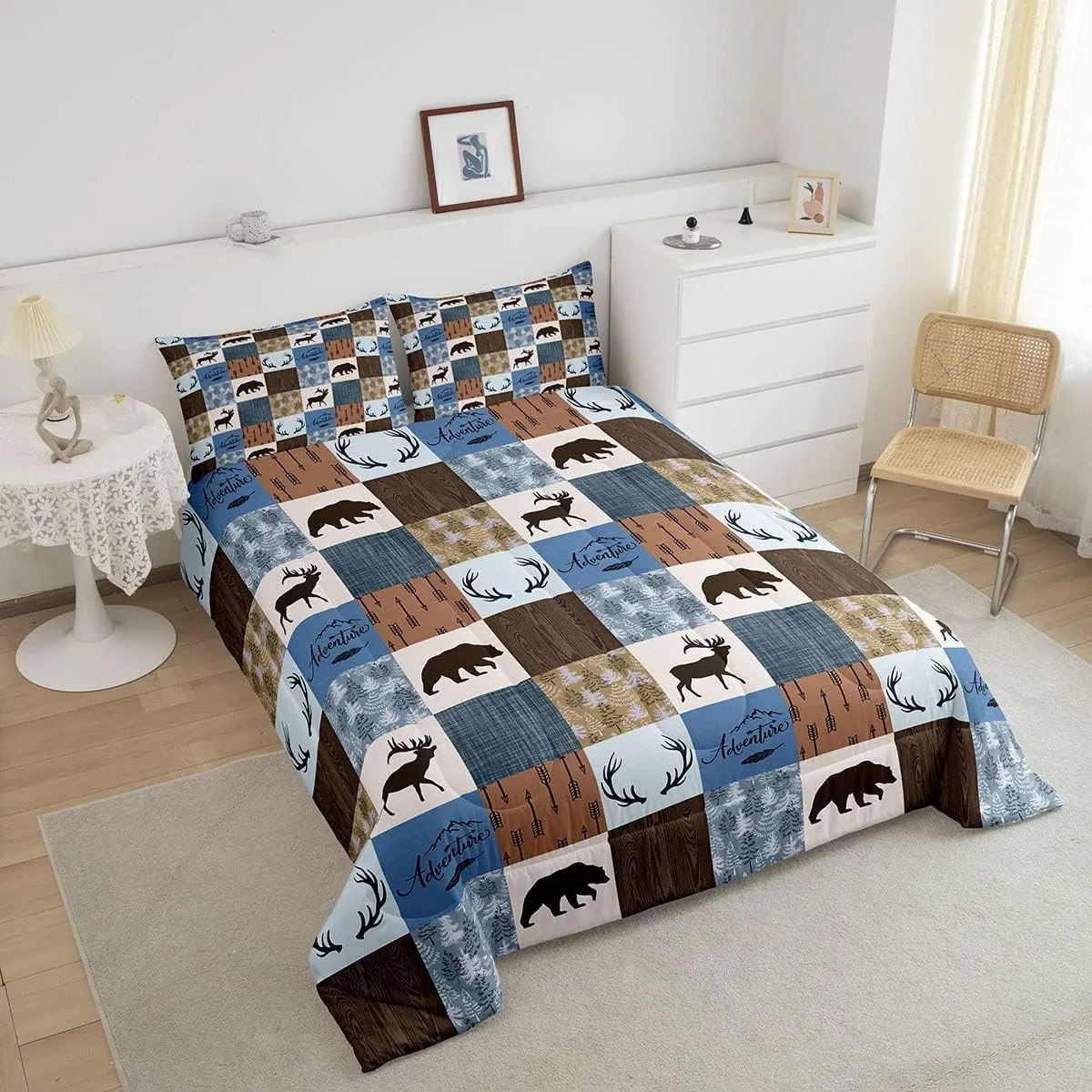 Erosebridal Rustic Deer Comforter Set Twin Size, Bear Patchwork Bedding Set for Kids Teens Adult, Woodland Wildlife Moose Duvet Insert Checkered Plaid Quilt Farmhouse Christmas Decor, Blue Brown