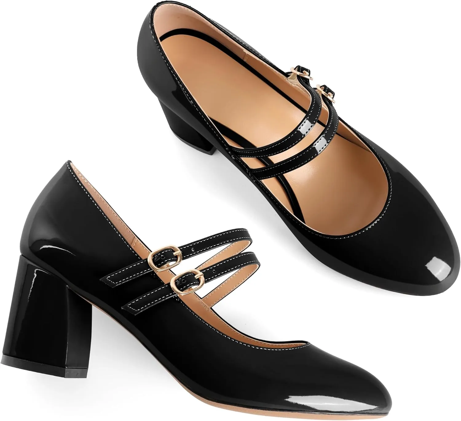 Esvowido Mary Janes Shoes for Women 2.5 Inch Double Straps Low Chunky Heels Comfortable Block Round Closed Toe Pumps in Patent Leather US Sizes 5 to 13