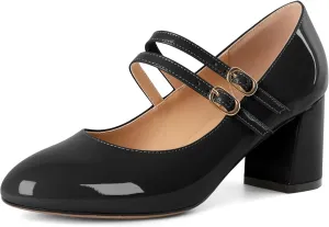 Esvowido Mary Janes Shoes for Women 2.5 Inch Double Straps Low Chunky Heels Comfortable Block Round Closed Toe Pumps in Patent Leather US Sizes 5 to 13